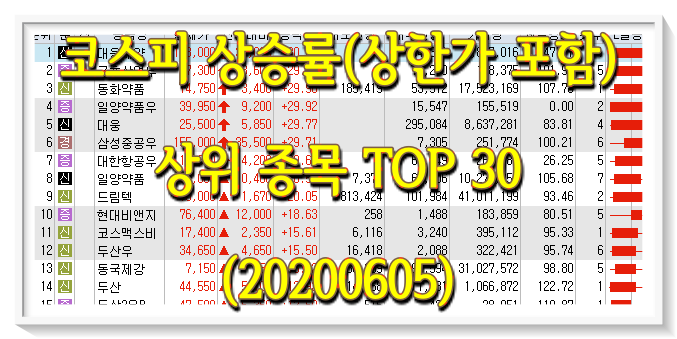  코스피/코스닥 상승률 상위(상한가 포함) 종목 TOP 30 (0605) - 대웅제약, 이지바이오 등
