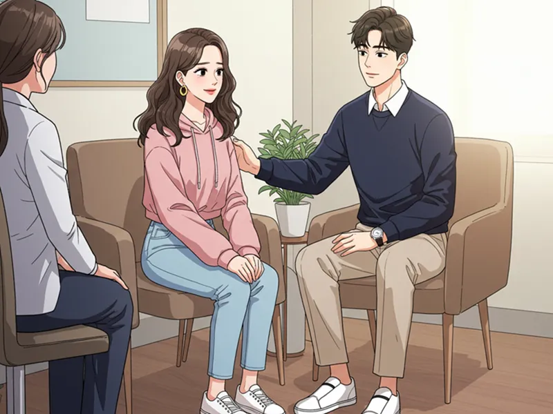 전문가와 상담하며 위로받는 여성과 격려하는 남성.