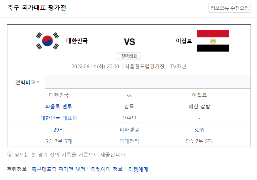 6월-14일-대한민국-이집트전-A매치-축구대표팀-경기-전력비겨