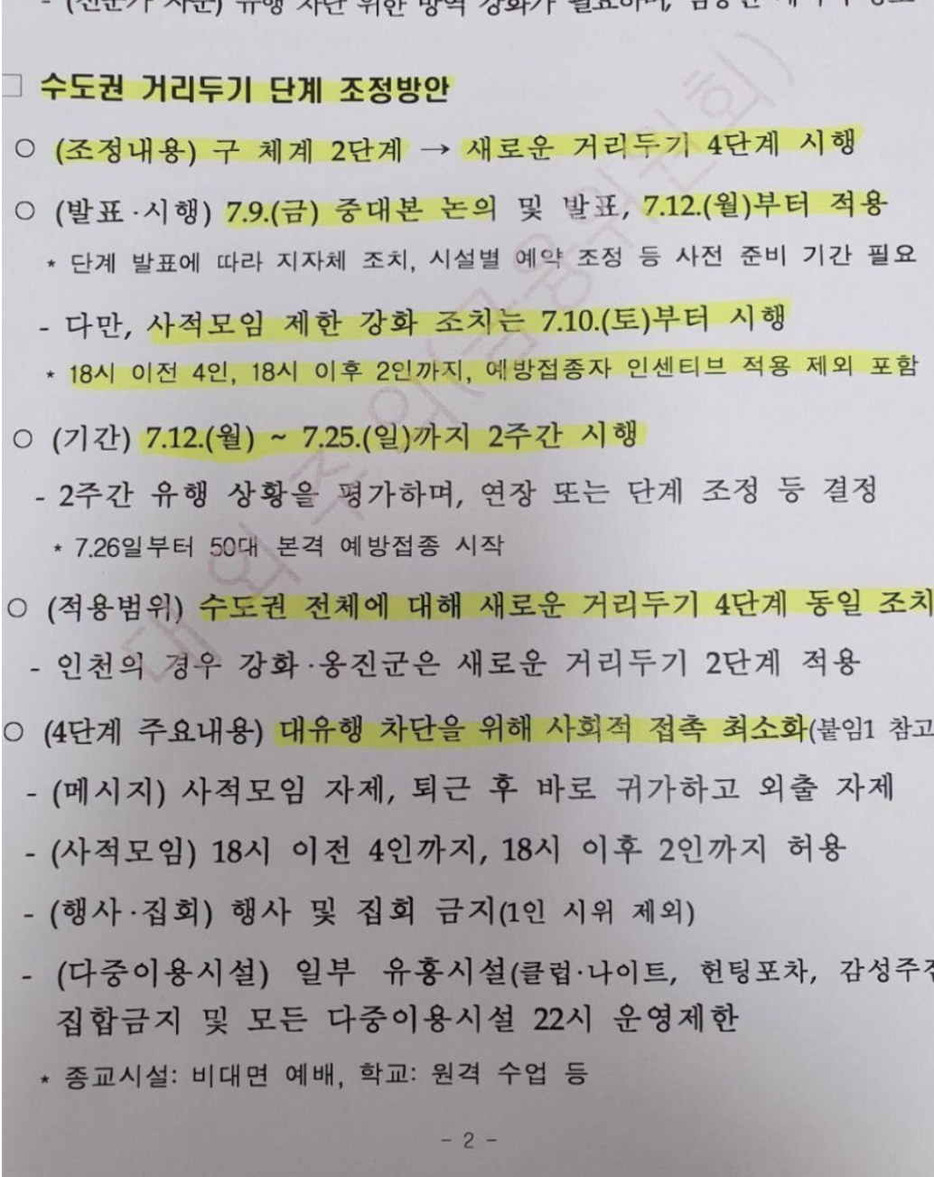 코로나 거리두기 수도권 4단계 돌입 -6시 통금 -  찌라시