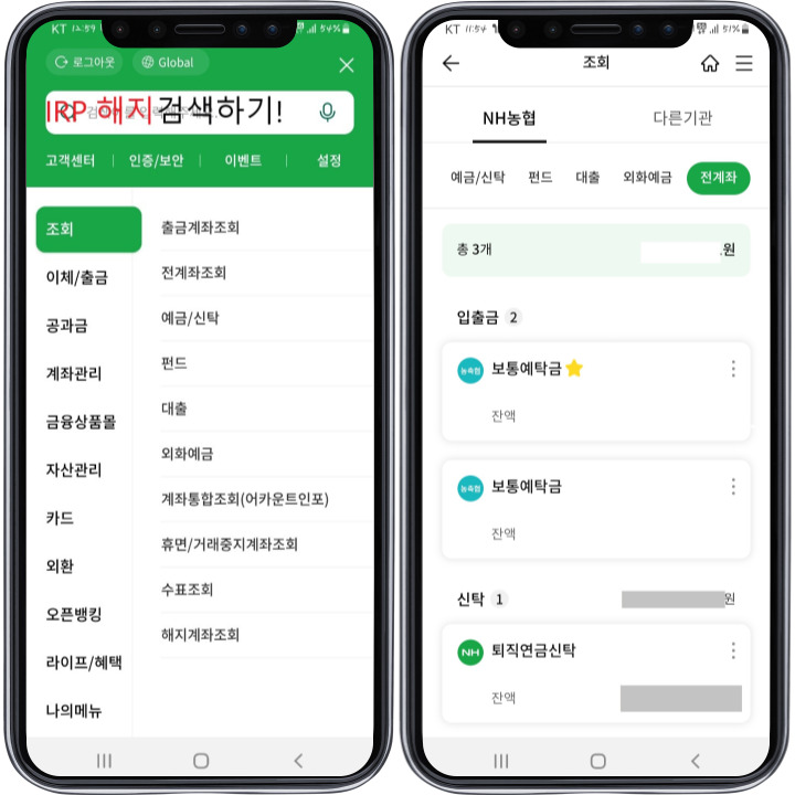 nh뱅킹에서 IRP 해지를 검색하는 화면 캡처 사진