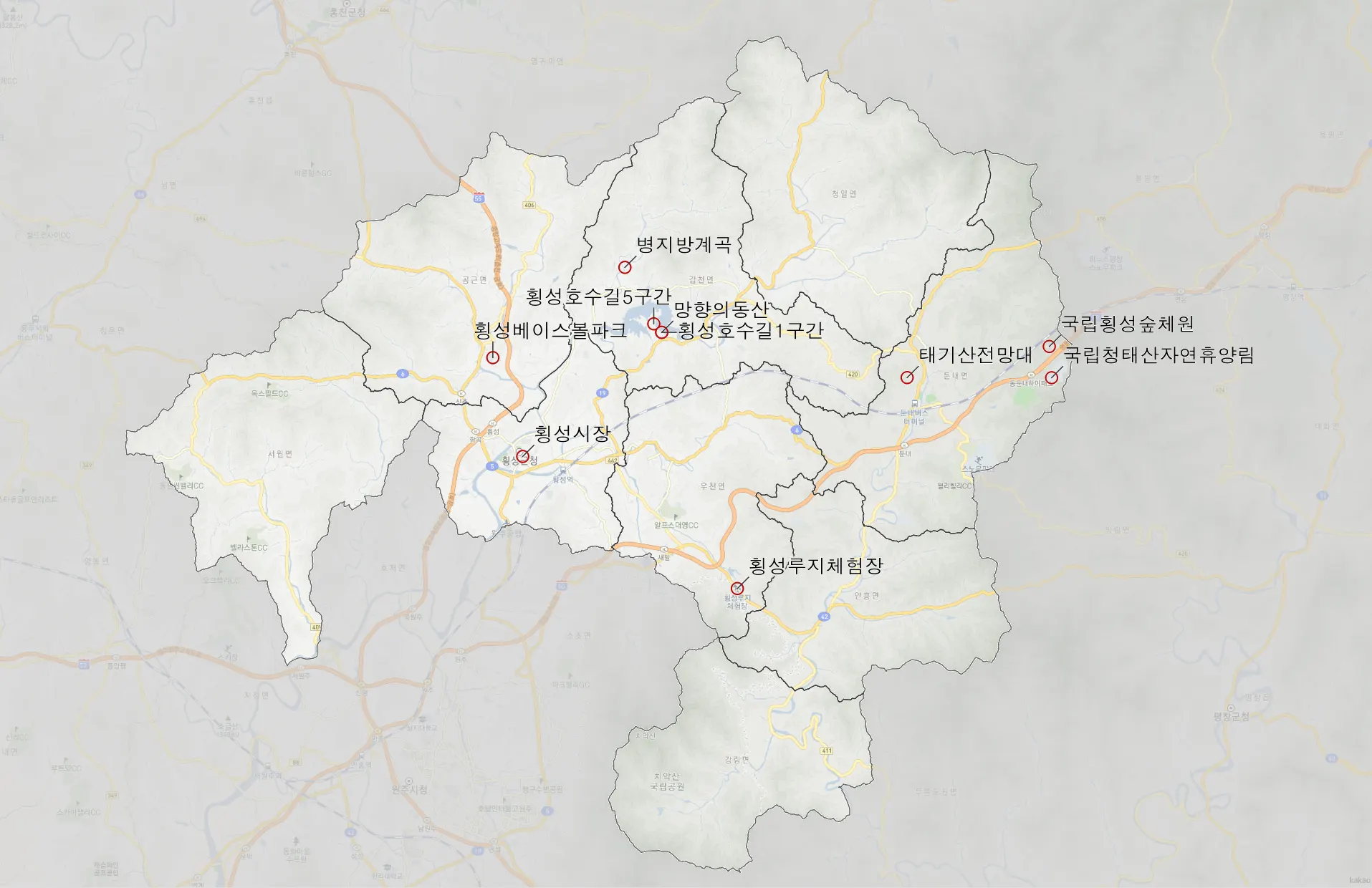 횡성 가볼만한 10곳 위치도