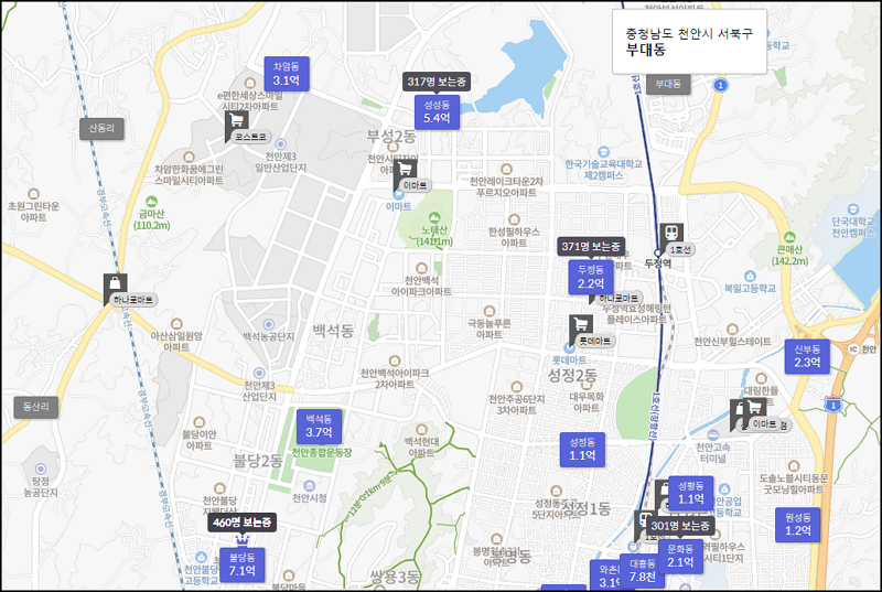 천안 부성지구가 있는 부대동의 위치