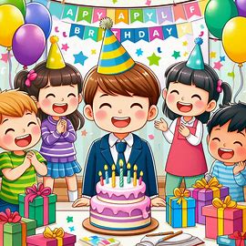 남자 아이 앞에 생일 케이크와 촛불이 켜저 있고 주변에 아이 친구들이 축하해 주고 있다.