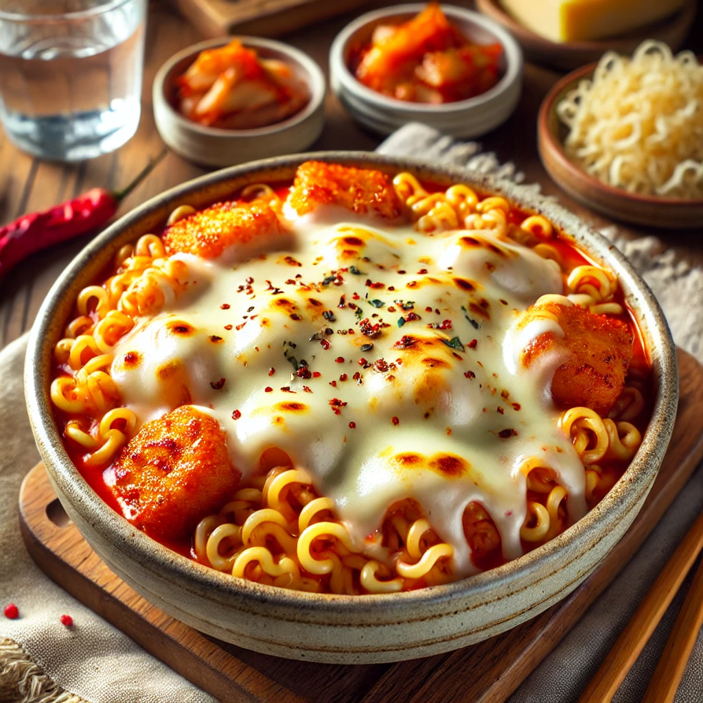 A comforting bowl of cheese rabokki, a popular Korean fusion dish with spicy ramen noodles, chewy rice cakes, fish cakes, and melted cheese on top. Perfectly spiced and indulgent.