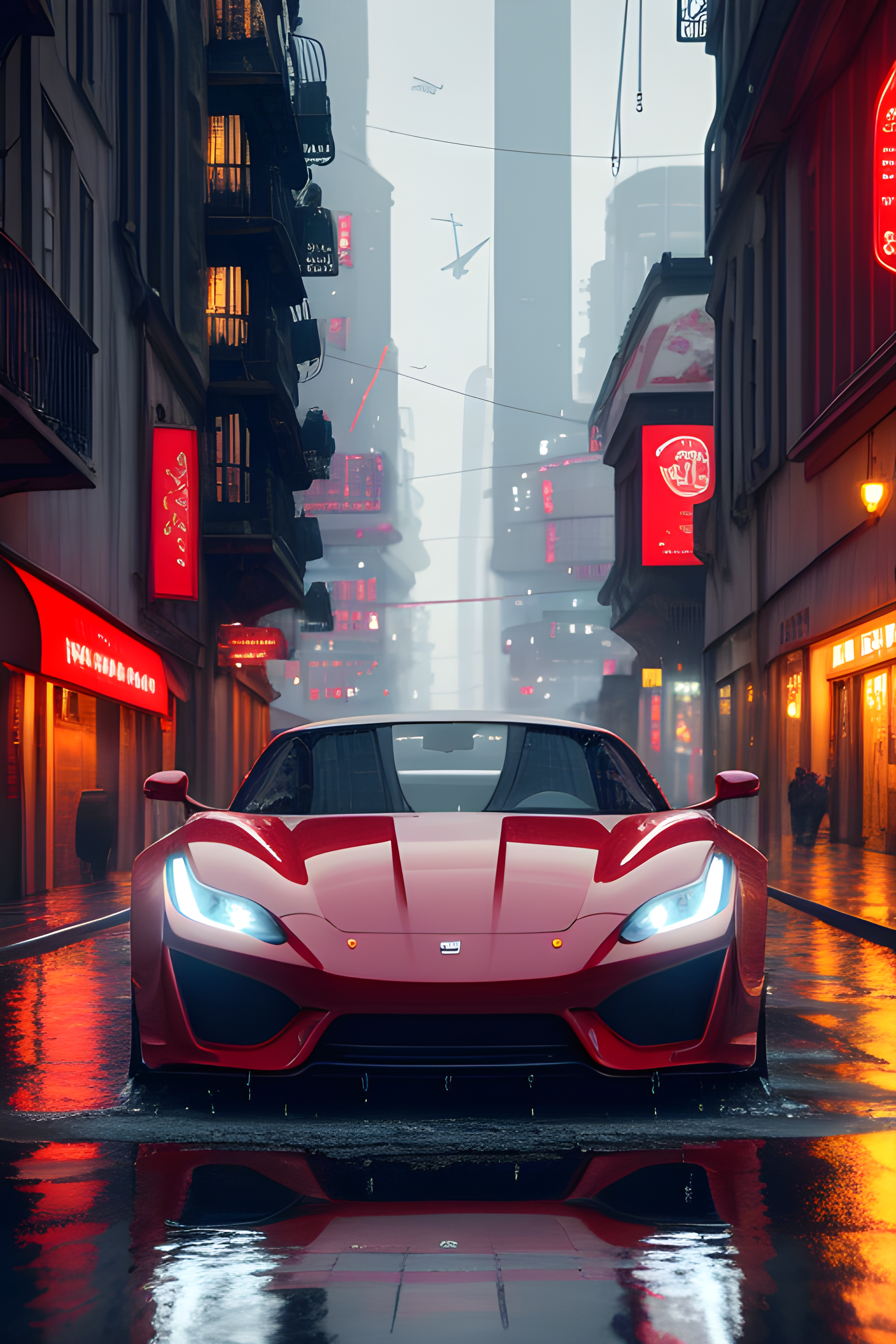 Image of a beautiful red sports car on wet street with reflections