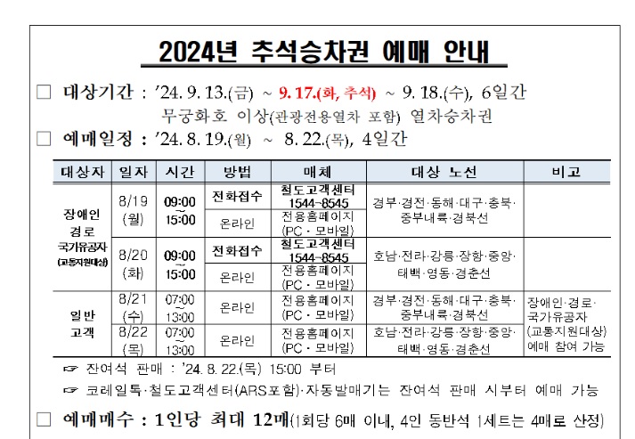 2024년 추석 승차권 예매 공지