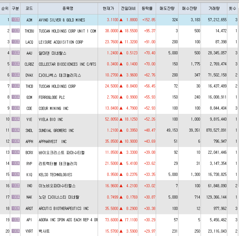  2월1일 미국주식 상승률 상위 종목 TOP 300