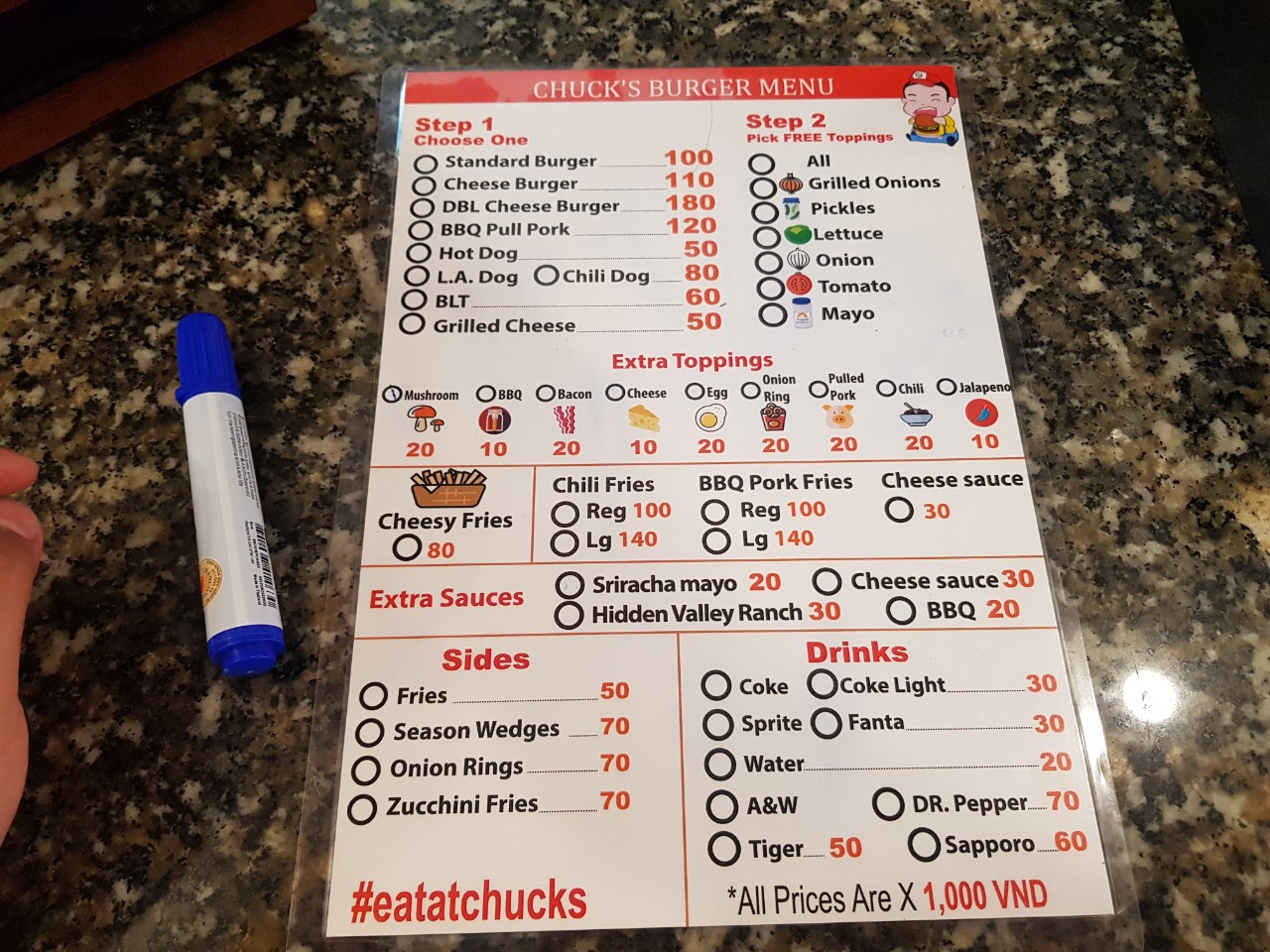 호치민 수제 버거 전문점 Chuck&#39;s Burger 메뉴