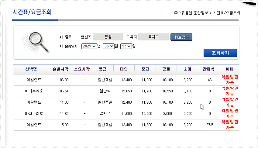  욕지도 배시간표 및 요금(삼덕항, 통영항, 중화항)