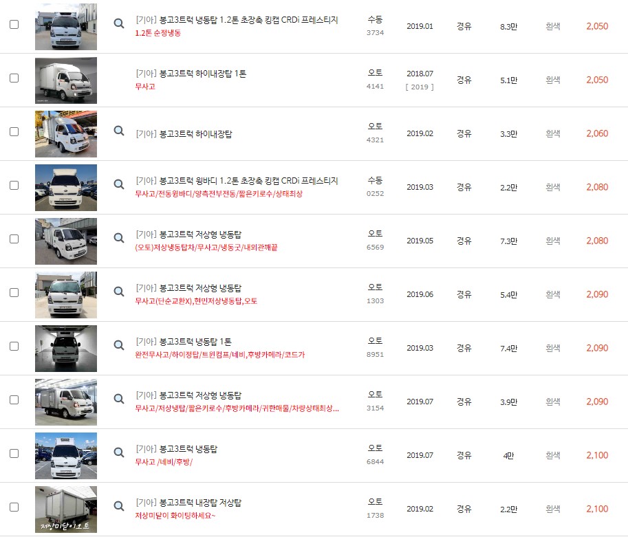 봉고3 트럭 중고차 최고가 시세