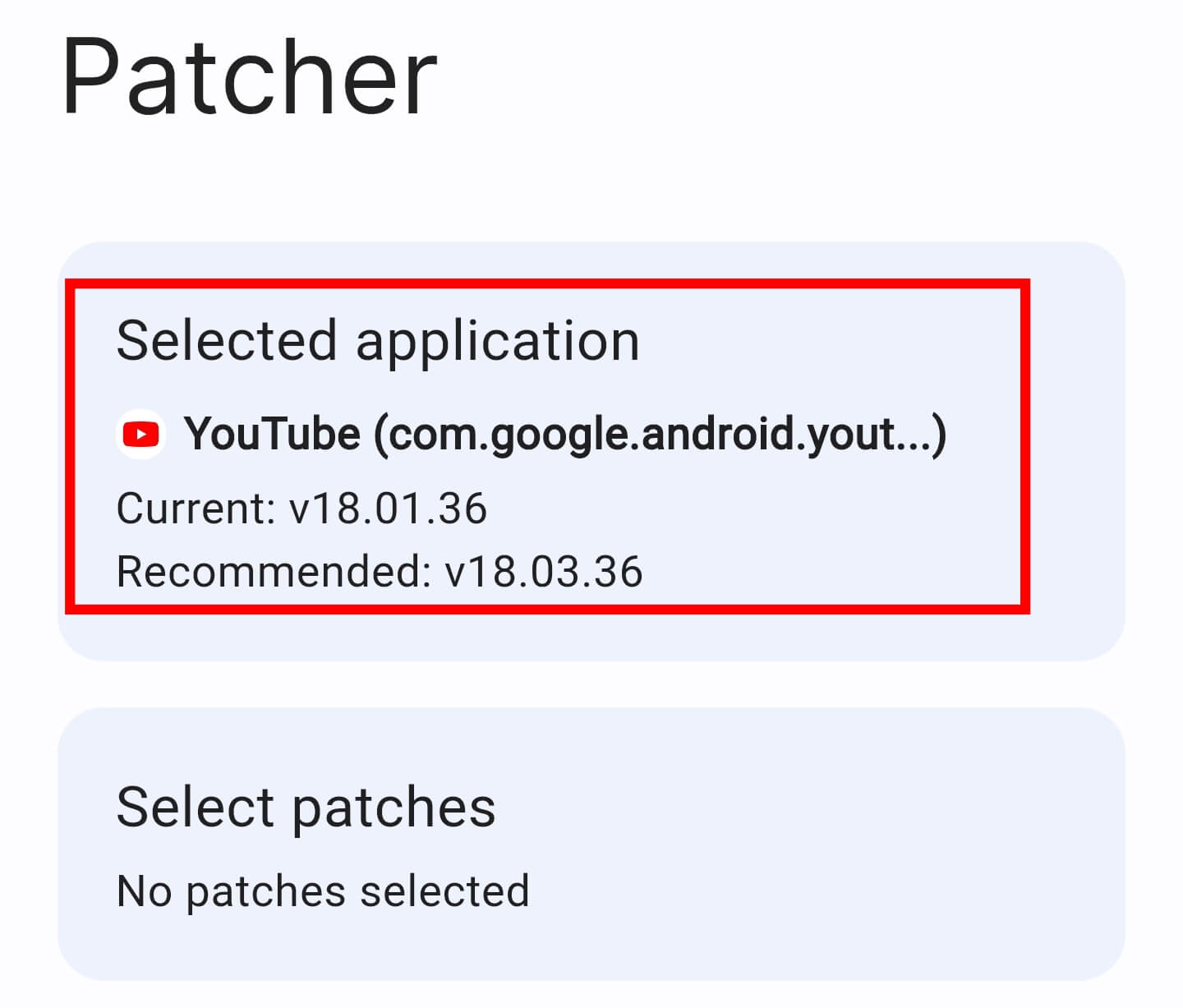 Selected application에 빨간색 박스가 있다.
