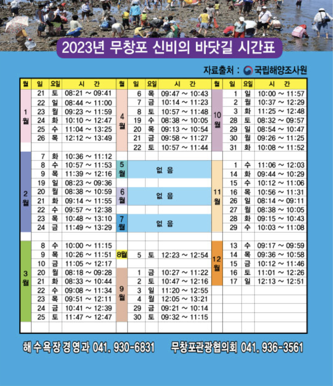 2023년 무창포 신비의 바닷길 시간표 (10월 11월 12월)