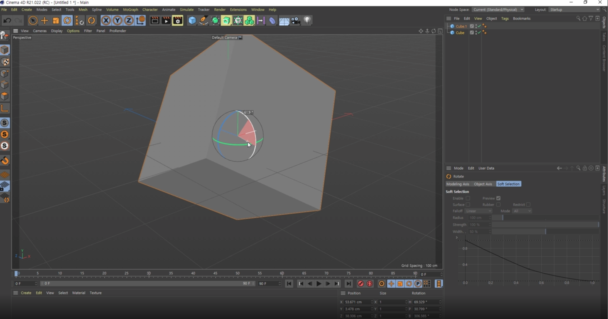 x축을 잡고 돌리니 큐브가 x축으로 회전하면서 각도가 표시된다