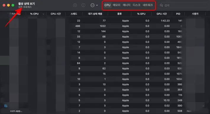 활성 상태 보기, 5가지 탭