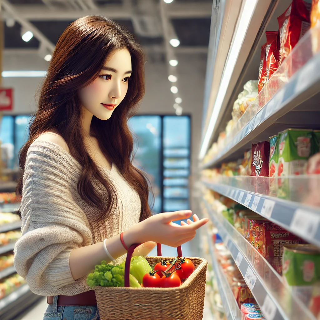 마트에서 건강 식재료를 고르는 여성&amp;#44; 농식품바우처 사용 가능 품목 예시