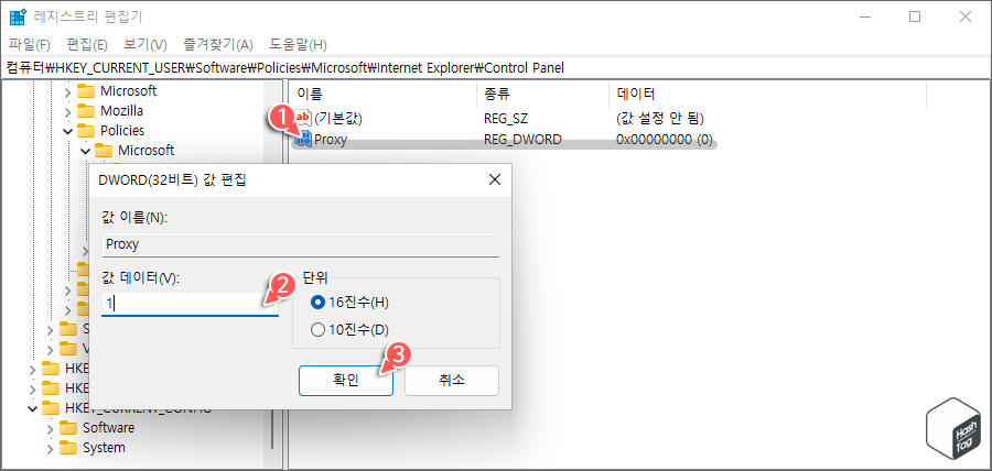 Proxy REG_DWORD 값 &quot;1&quot;로 변경