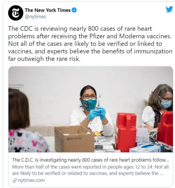  백신접종 심장질환 걸릴 가능성 높다...800건 이상 사례 신고 VIDEO: Nearly 800 Reports of Heart Inflammation After COVID-19 Vaccination in US