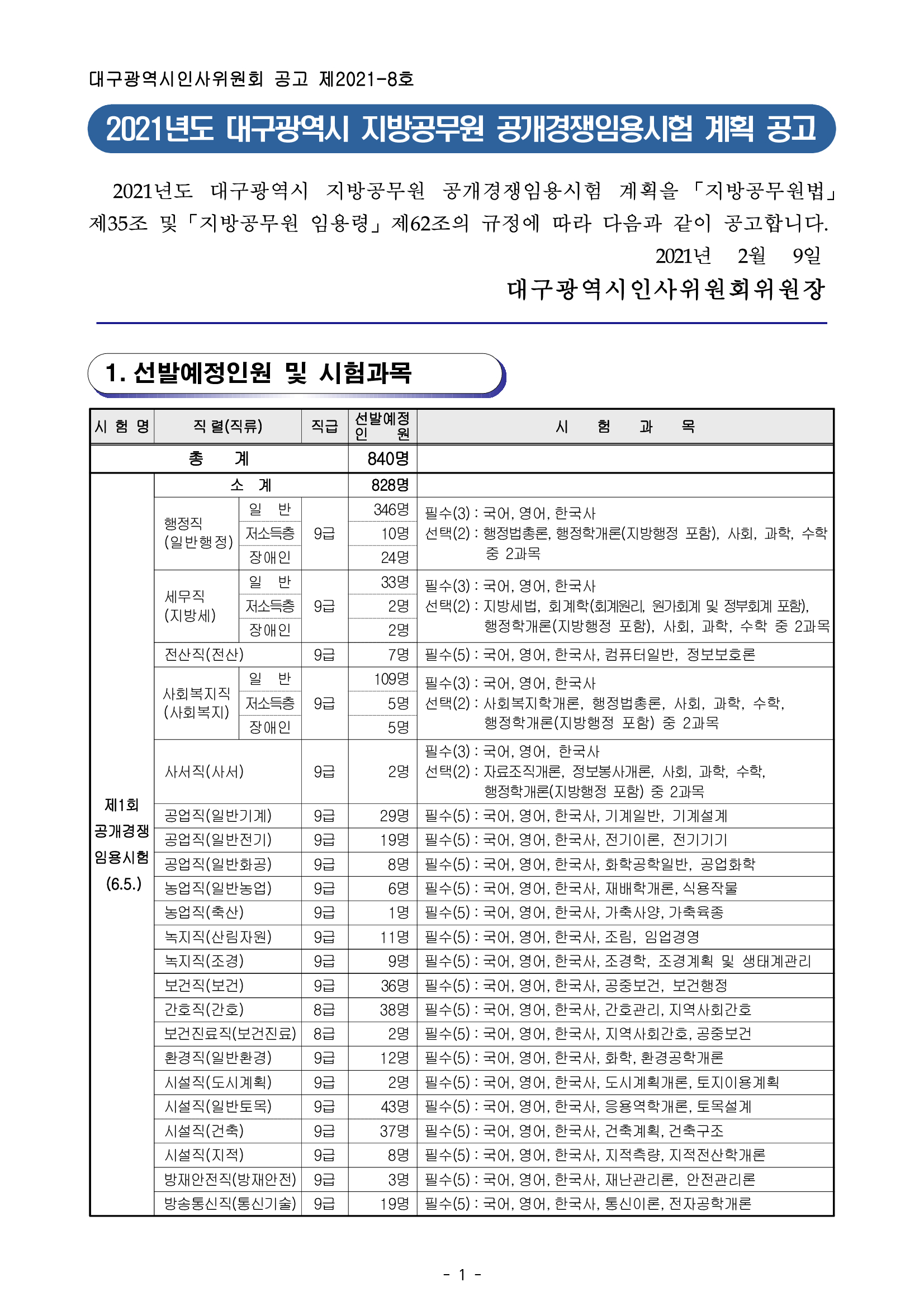  대구 지방직 9급 공무원 시험일정 채용인원 공고