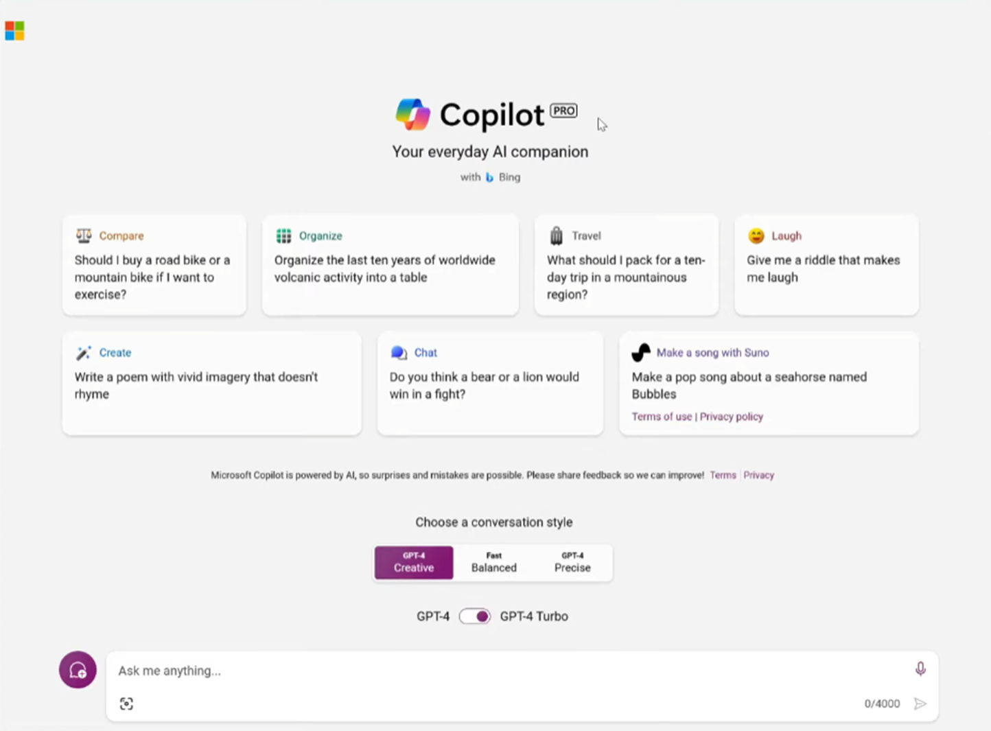 Microsoft Copilot Pro 코파일럿 프로 가입 및 결제 방법과 사용법 - 코파일럿 프로 챗봇 채팅 페이지의 모습