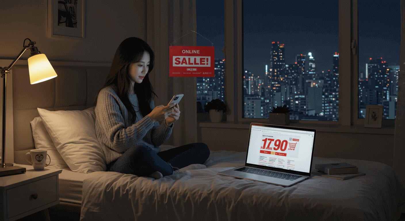 온라인 쇼핑 할인전을 보고 있는 젊은 여성