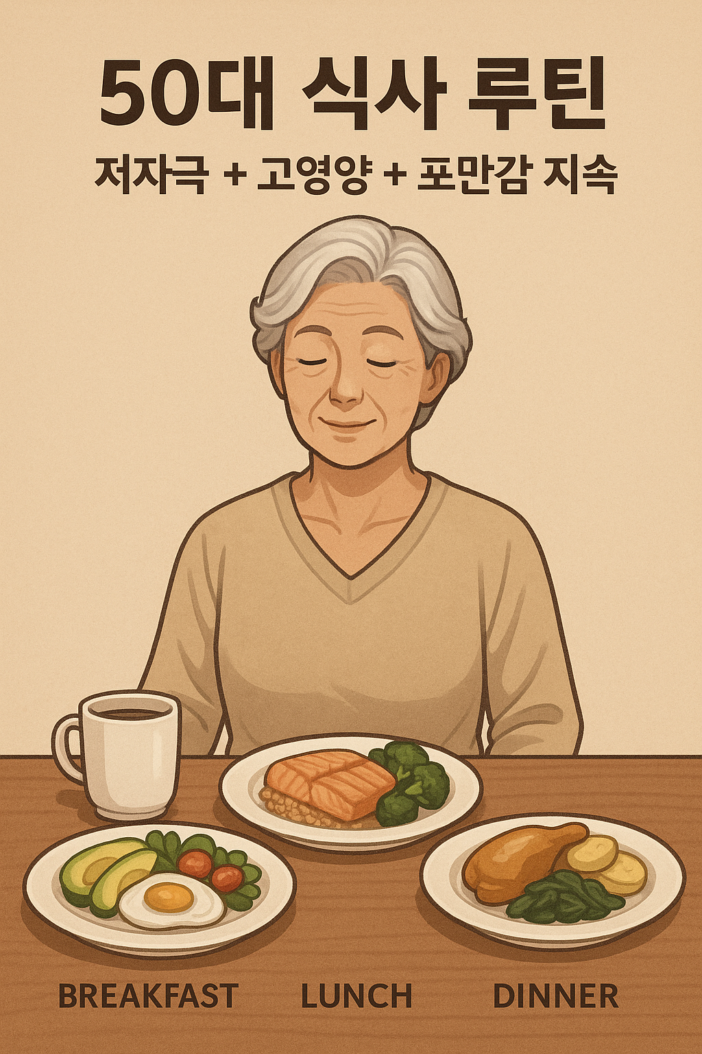 A semi-realistic digital illustration showing a healthy senior woman with three balanced meals—breakfast, lunch, and dinner—emphasizing low irritation, high nutrition, and satiety