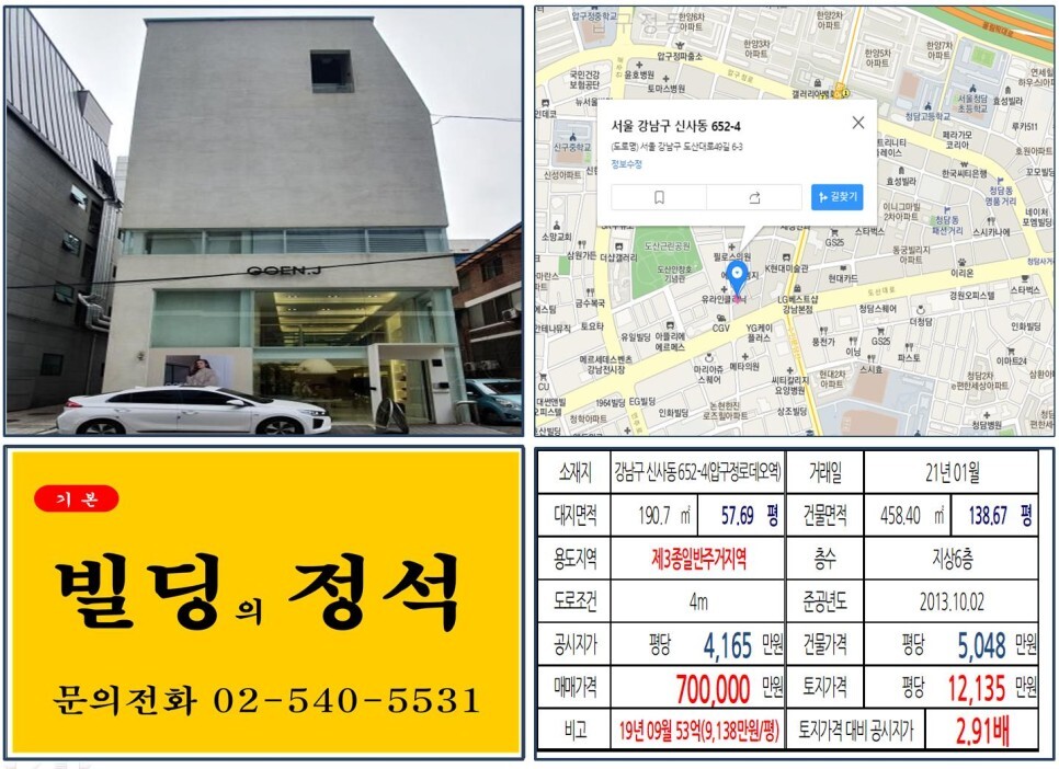  [강남구 도산공원 70억 꼬마빌딩 실거래가 조회] 신사동 652-4 (압구정로데오역) 70억 원, 평당 1억 2,135만 원 매매되었습니다. 신