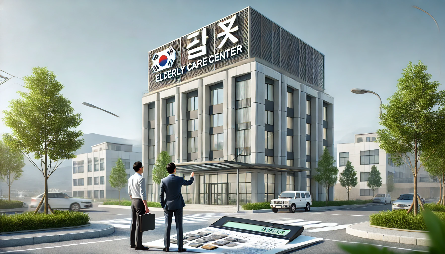 노유자시설 앞에서 세금 서류를 검토하는 사람들