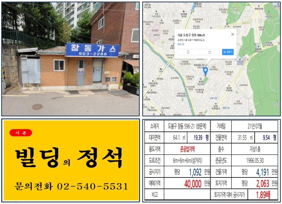  [도봉구 준공업지역 4억 꼬꼬마빌딩 실거래가 조회] 창동 596-21(쌍문역) 4억 원, 평당 2,063만 원 매매되었습니다.