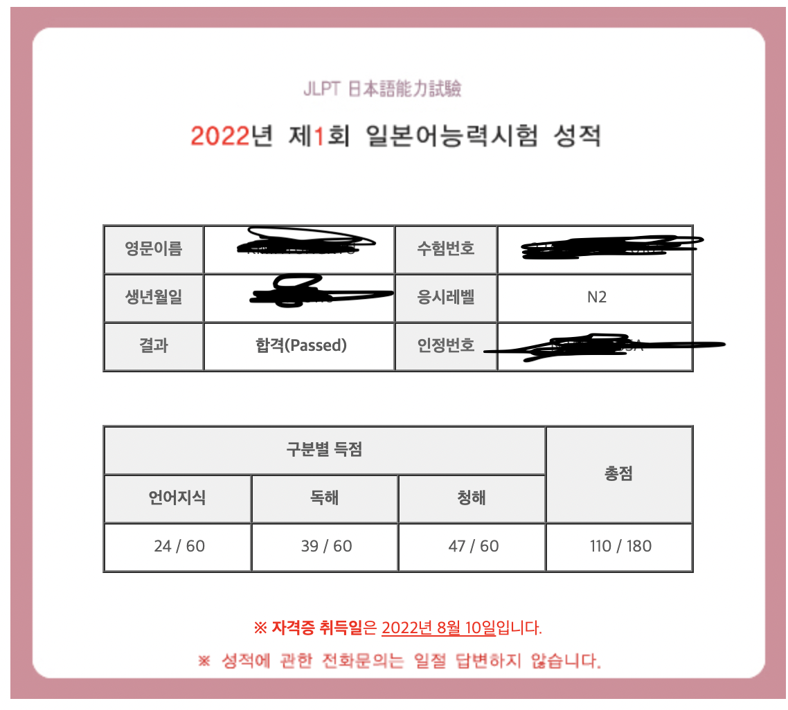  [2022년 1회]JLPT N2 합격 후기