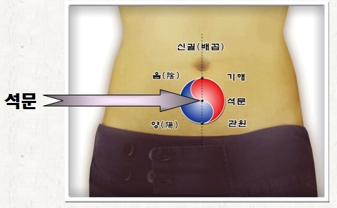 단전의 중심인 석문혈 위치를 그림으로 표현함.