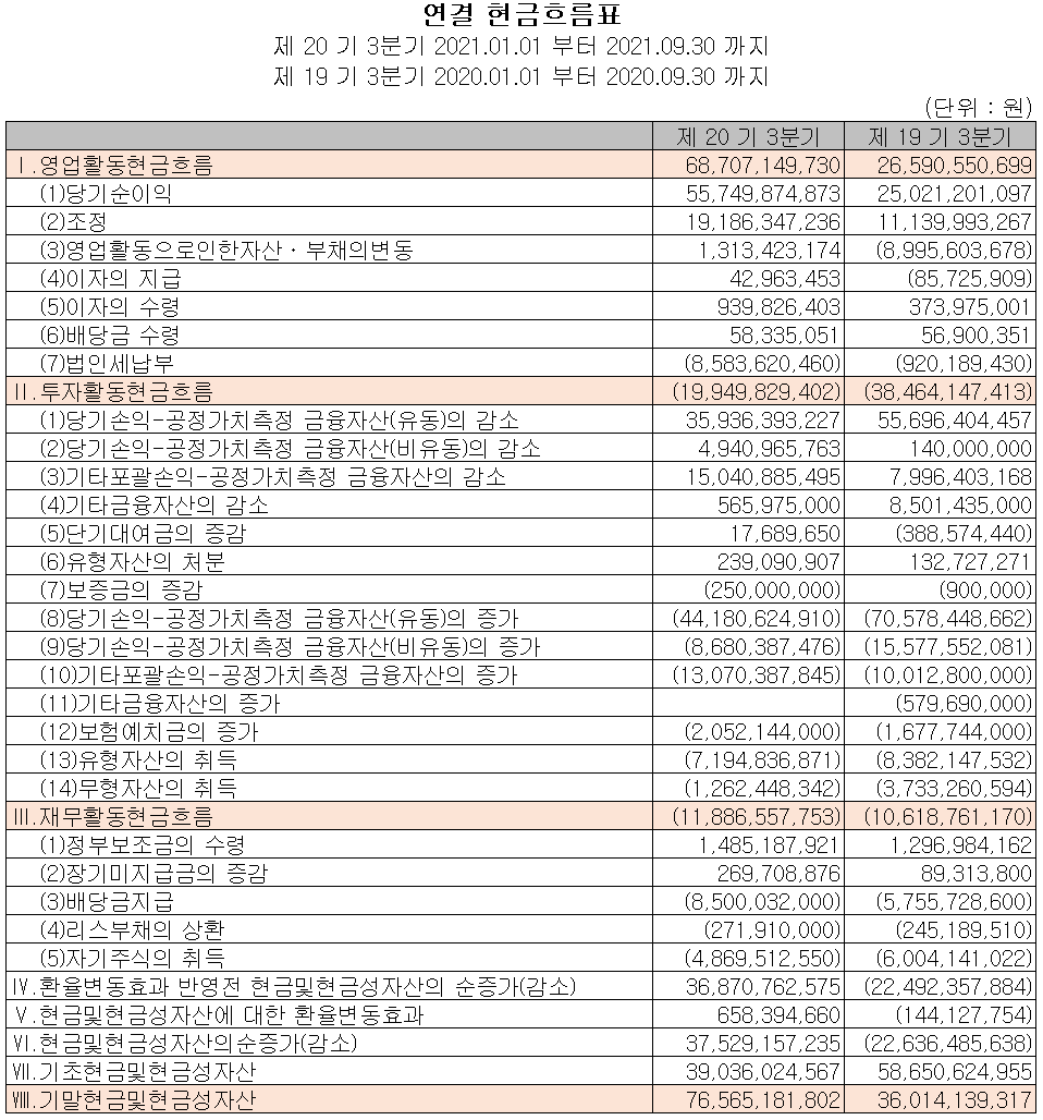 테스 현금흐름표 (2021년 3분기)