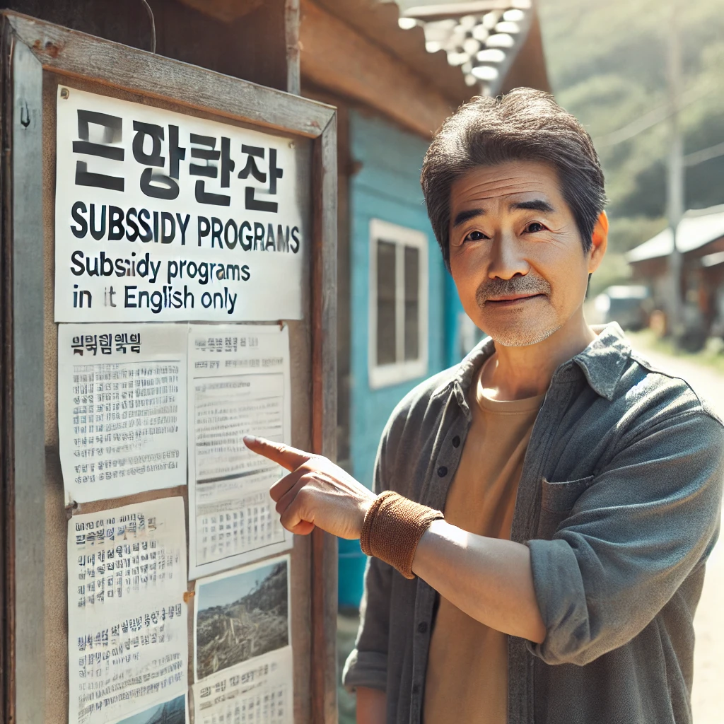 중년 남성이 야외에서 직불금 안내판을 가리키는 장면 