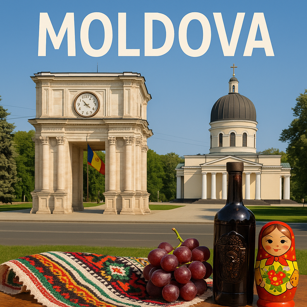 몰도바(Moldova)의 수도 키시너우(Chișinău) 중심에 있는 승리의 개선문과 정교회 대성당을 배경으로, 전통 와인, 포도, 민속 직물, 러시아 인형이 어우러진 몰도바 문화를 상징하는 이미지입니다.