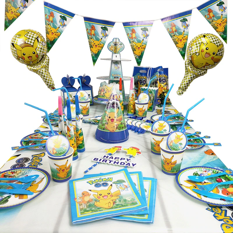  16pcs 포케몬 생일 파티 용품 어린이 생일 파티 장식 피카추 식기 식탁보 배경 어린이 파티 선물