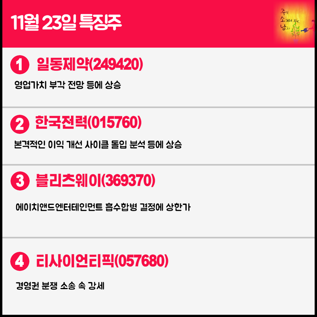 11월 23일 오늘의 특징주