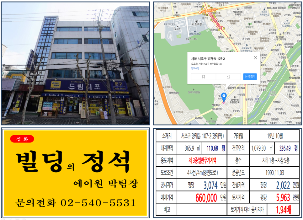  [서초구 양재동 대로변 오피스빌딩 실거래가 조회] 양재동 107-2 (양재역역) 66억 원, 평당 5,963만 원, 교육개발원사거리 대로변 꼬마