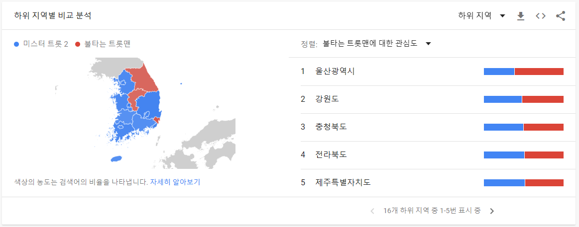 미스터트롯2 vs 불타는 트롯맨 구글 트렌드 지역 비교