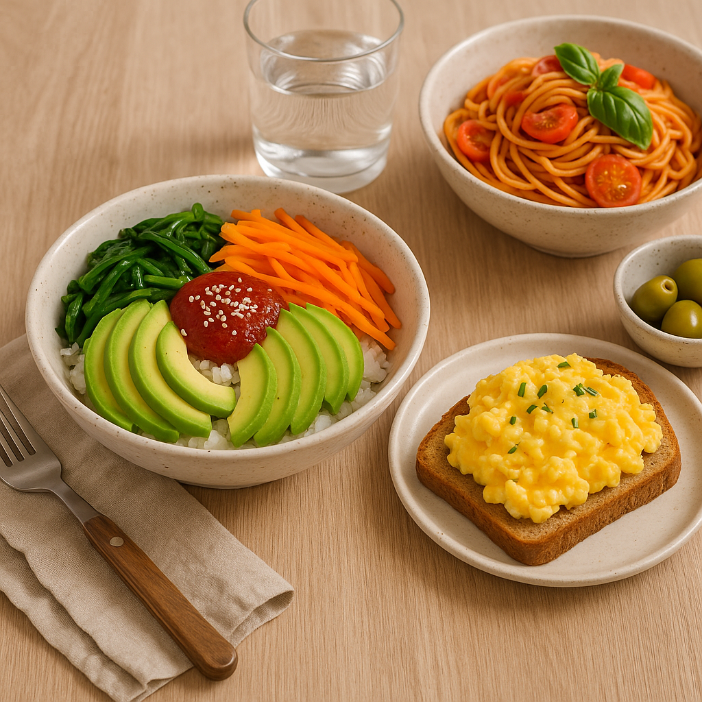 에그 스크램볼, 아보카도 비빔밥, 바질 토마토 파스타 사진