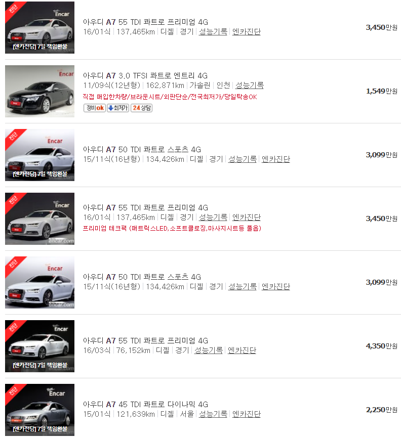 아우디 A7 중고차 매물