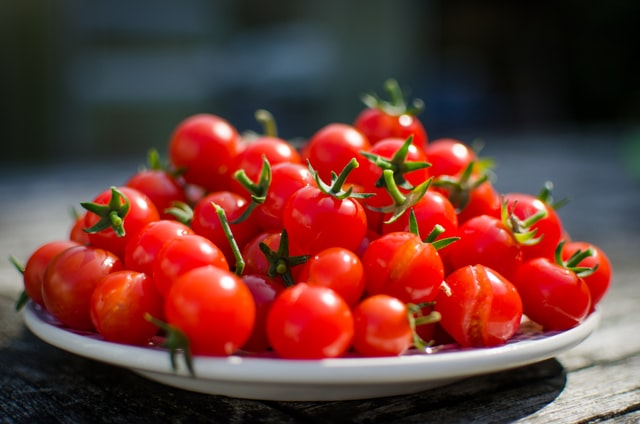 하얀색-접시-위에-가득-올려져-있는-빨간색-방울-토마토