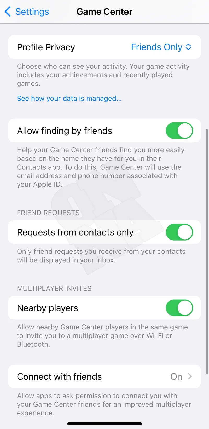 iOS16.1 개발자 베타 1. 게임센터 친구찾기 허용에 대한 새로운 옵션