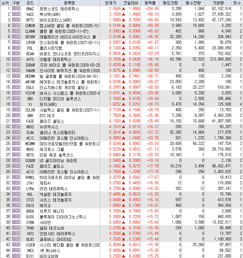 9월25일 미국주식 상승률 상위 종목 TOP 300