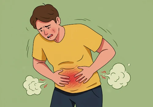 배를 감싸쥐고 불편한 표정을 짓고 있는 사람의 모습을 통해 소화불량&amp;#44; 더부룩함&amp;#44; 메스꺼움을 묘사한 개념적인 디지털 일러스트레이션