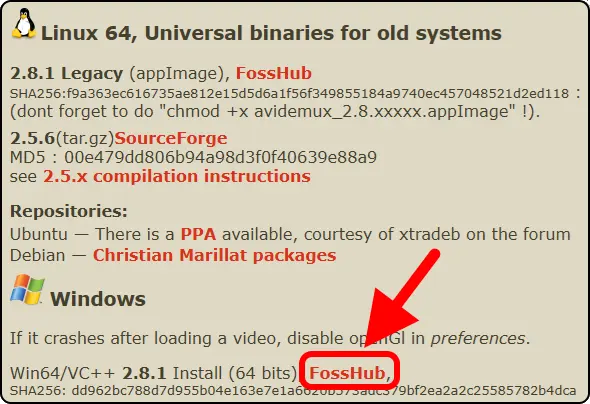 Windows
If it crashes after loading a video, disable openGl in preferences.
Win64/VC++ 2.8.1 Install (64 bits) FossHub