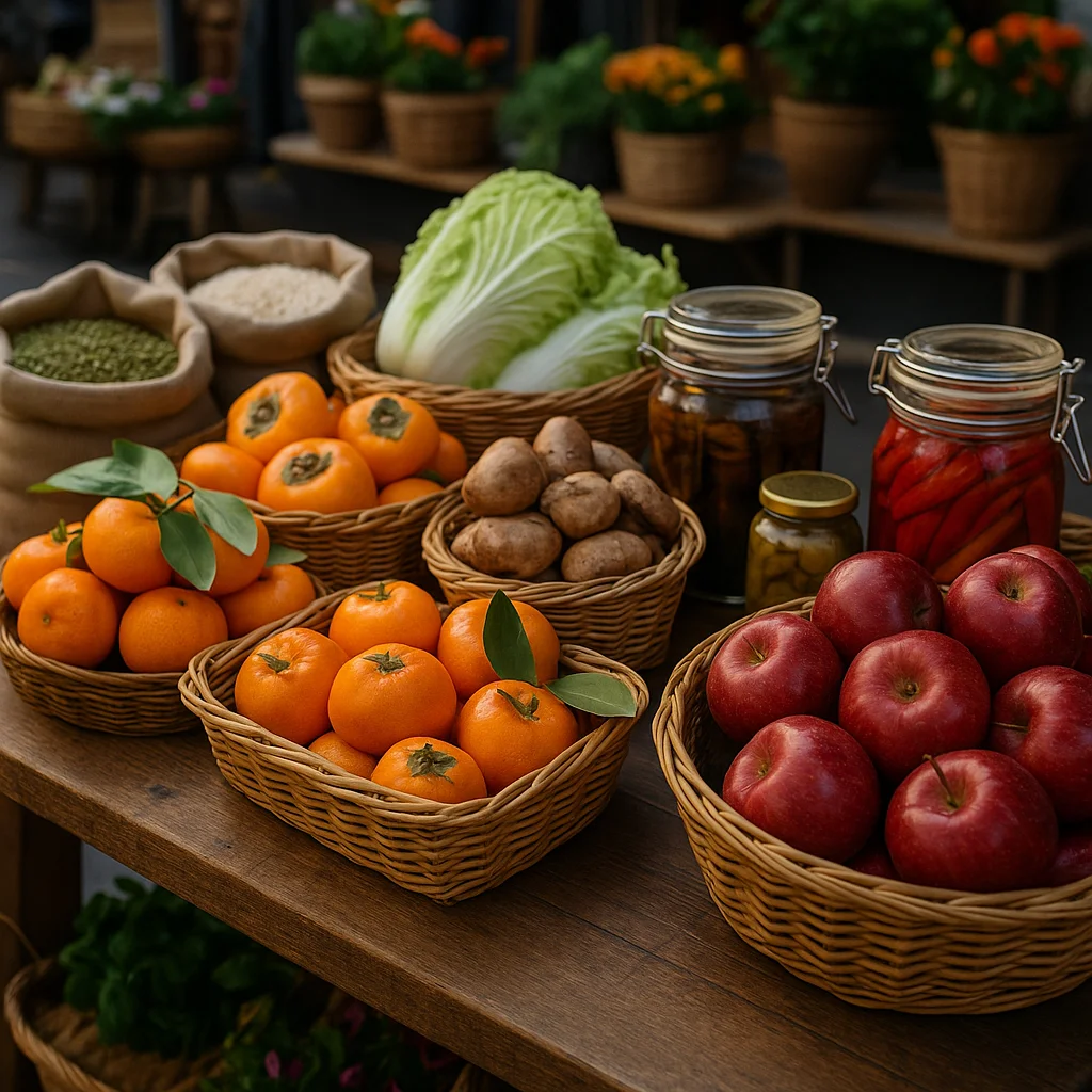 assorted local specialty foods at a market stand