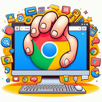 커다란 손이 크롬 로고를 잡고 있는 컴퓨터 화면 일러스트