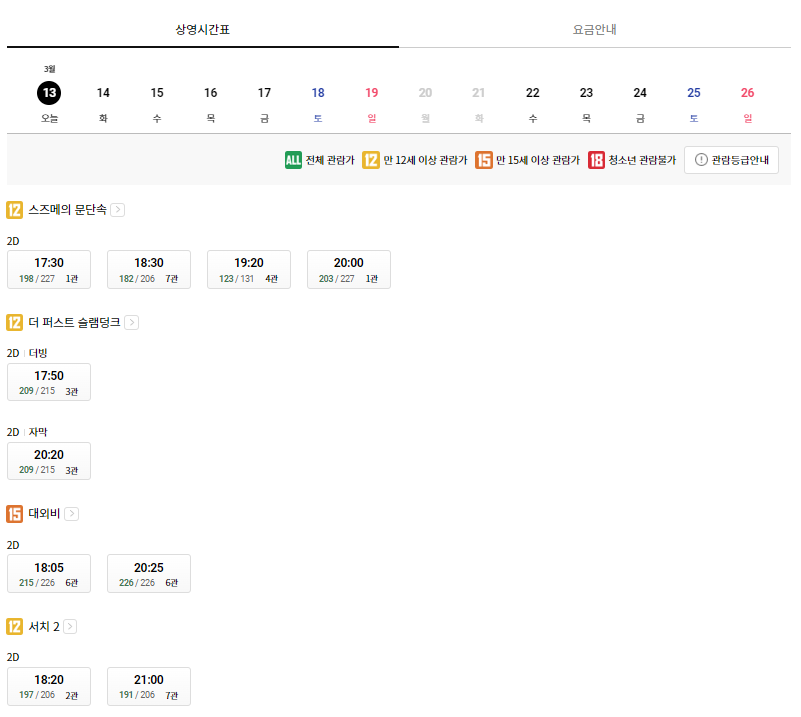 롯데시네마 영등포 상영시간표 예시