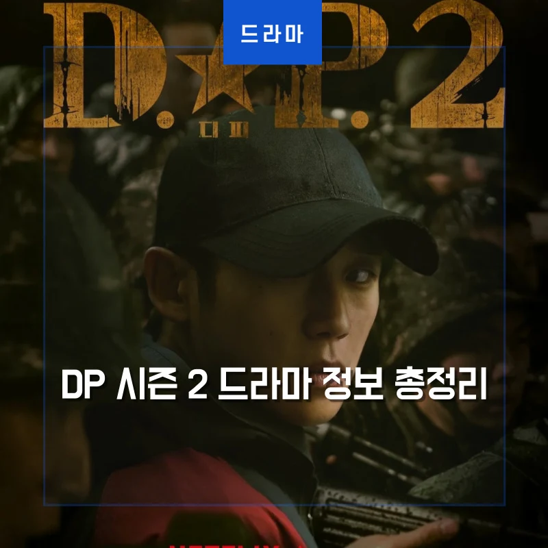 무장한 군인들 한 가운데에 배우 정해인이 사복과 모자를 쓴채 어딘가를 응시하고 있는 DP 시즌2 포스터
