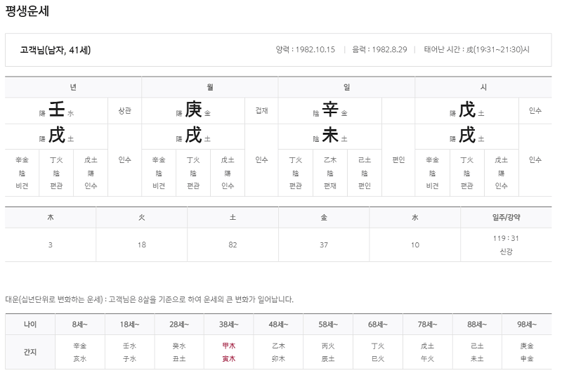 평생 운세 결과 분석 화면